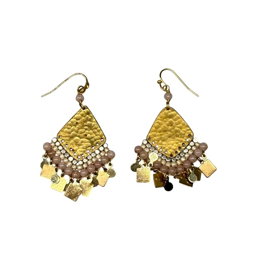 Seed Beaded Hammered Teardrop Earrings Gold Tone Bohemian Coastal Boho